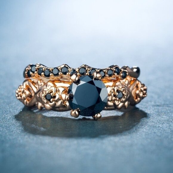 🍂  14k Gold Plated 🖤Black CZ Wedding Ring for Women, FB16FA1127 - Picture 2 of 3